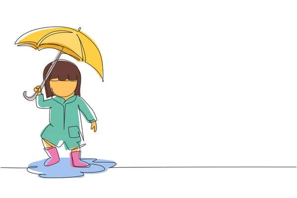 Folyamatos Egy Vonal Rajz Kislány Játék Viselni Esőkabát Esernyő Gyerek — Stock Vector