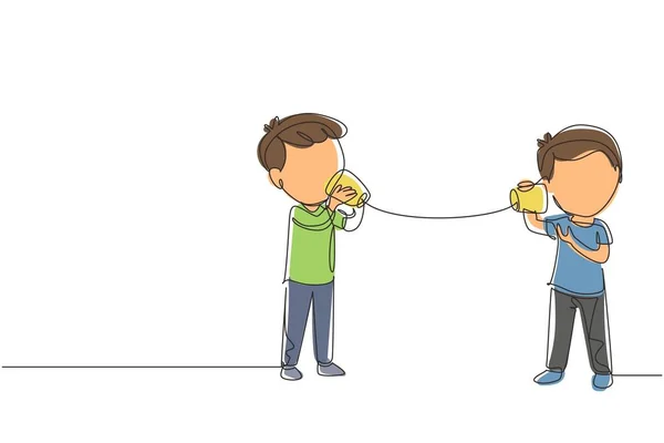 Jednoduchá Spojitá Kresba Chlapců Mluvit Pomocí Smyčcového Telefonu Děti Komunikují — Stockový vektor