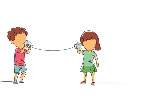 连续一行画男孩和女孩玩玩具电话 两个朋友在电话里玩自制的语音传输装置 孩子们说话很开心 单行设计矢量图形说明 — 图库矢量图片