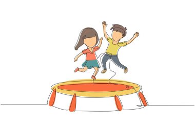Sürekli mutlu bir kızla oğlanın trambolinde zıplamasını çeken bir çizgi. Trambolinde zıplayan sevimli küçük çocuklar. Aktif çocuk açık hava oyunları. Tek çizgi çizimi tasarım vektörü grafiği
