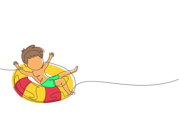 One one line drawing little boy floating with lifebuoy with relax poses wearing beach and swimming attires. Дети чувствуют себя счастливыми, пользуясь буем. Графический вектор непрерывного рисования линий