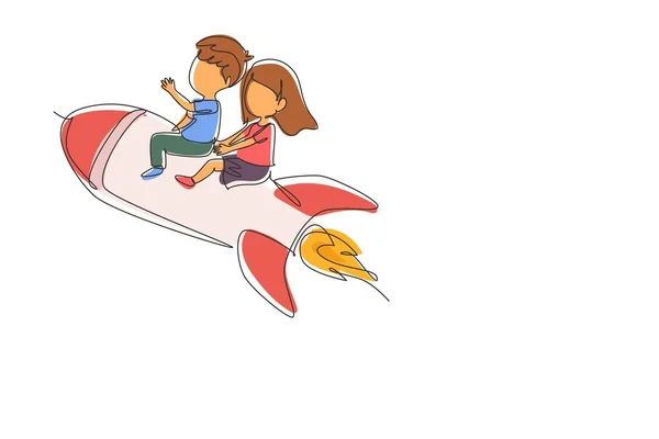 Una Línea Continua Dibujando Niño Niña Felices Sentados Cohete Volador — Archivo Imágenes Vectoriales