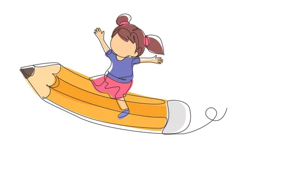 Uçan Kalemin Üzerinde Oturan Mutlu Kızı Çizen Tek Satır Çalışmaya — Stok Vektör