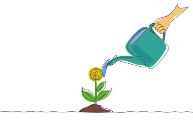 Sürekli el ele tutuşan bir çizgi. Sulama tenekesi yerdeki para bitkisini suluyor. Para ağacı döken iş adamının eli. Kazanç, başarı, para kavramı. Tek çizgi çizme tasarım vektörü