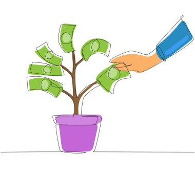 Tek sıra halinde para ağacından bir dolarlık banknot alın. Para ağacı döken iş adamının eli. Kazanç kavramı, işte başarı, para. Dinamik bir çizgi grafik tasarımı
