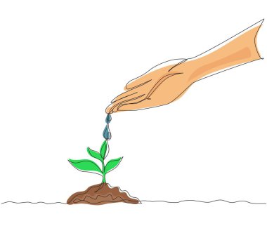 Tek bir çizgi, verimli topraklarda filizlenen yavru bitkileri besleyen ve sulayan el çizgisi. Tarım ekolojisi kavramı. Modern sürekli çizgi çizim grafik vektörü