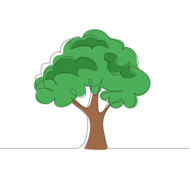 Beyaz arka planda verimli yeşil ağaçları, bahçeleri, parkı ve ormanı süslemek için ağaçları çizmeye devam ediyor. Tarım. Dünya günü, ekoloji. Tek çizgi çizimi tasarım vektörü grafik çizimi