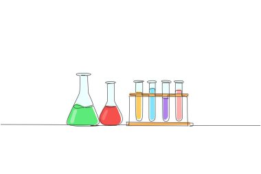 Kimyasal araştırma laboratuvarı ekipmanlarını çeken tek satır. Kimya laboratuarı cam eşyalar. Laboratuar deney tüpü, deney şişesi, matara. Modern sürekli çizgi çizimi tasarım grafik vektör çizimi