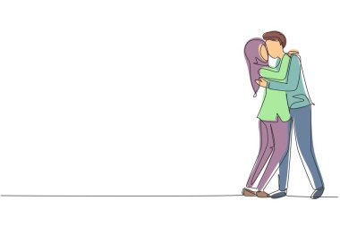 Tek sıra halinde baskın bir ilişki. Öpüşüp kucaklaşan romantik bir Arap çifti. Mutlu adam ve kadın evlilik yıldönümünü kutluyor. Modern sürekli çizgi çizim grafik vektörü