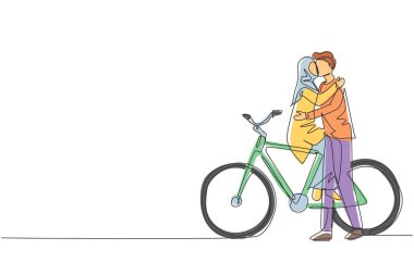 Bisiklete binip öpüşen genç ve sevgi dolu Arap çifti çizmeye devam ediyor. Romantik insan ilişkileri, aşk hikayesi, balayı macerasında yeni evli bir aile. Tek çizgi çizimi tasarımı