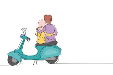 Aralıksız tek sıra halinde geri çekilen Arap süvariler, çift seyahate rahatça çıkıyor. Sarılmayla romantik balayı anları. Motosiklet süren kadın ve erkek. Tek çizgi çizimi tasarım vektörü grafiği