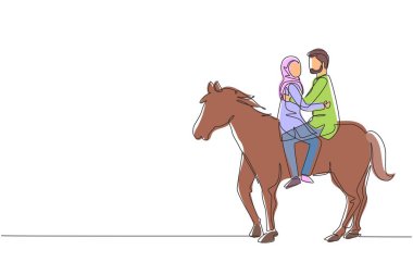 Ata binen romantik Arap çiftlerin kesintisiz çizimleri. Mutlu çift düğüne hazırlanıyor. Nişan ve aşk ilişkisi. Tek çizgi çizimi tasarım vektörü grafik çizimi