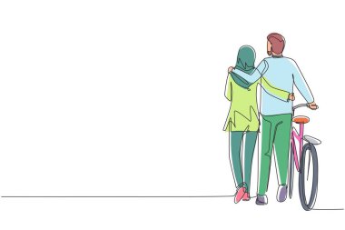 Güneşli bir sonbahar gününde parkta bisikletle yürüyen Arap çiftlerin tek sıra arkasını çekiyorlar. Aşık bir adam ve kadın. Mutlu, romantik, evli çift. Bir çizgi çizimi grafik tasarım vektörü