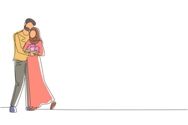 Tek sıra çizen Arap adam kadınlara çiçek verip ona sarılıyor. Genç adam evlenme teklifi için bir buket çiçek veriyor. Aşık mutlu çift. Devamlı çizgi çizimi grafik vektörü