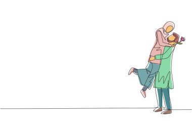 Tek sıra halinde, Arap bir adam gül çiçekli bir kadına evlenme teklif ediyor. Oğlan sevgilisini şaşırtır ve çiçek verir. Nişan ve aşk ilişkisi. Devamlı çizgi çizimi grafik vektörü