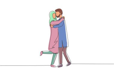 Tek sıra halinde romantik bir Arap çift çiziyor. Partnerine sarılan mutlu bir adam. Samimiyet evlilik yıldönümünü kutlar. Dinamik bir çizgi çizer grafik tasarım vektörü çizer