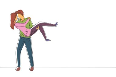 Sürekli bir çizgi, kucak erkeğini öpen romantik, aşık bir kadın çiziyor. Evlilik yıldönümünü kutlayan güzel bir kadını taşıyan mutlu bir adam. Tek çizgi çizimi tasarım vektörü grafik çizimi