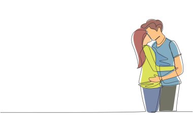 Tek satırlık çizim, aşık kız ve erkek. Öpüşen ve kucaklaşan aşıklar. Mutlu adam ve kadın evlilik yıldönümünü kutluyor. Devamlı çizgi tasarımı grafik vektör illüstrasyonu
