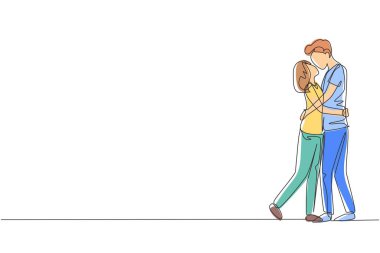 Sürekli bir çizgi, baskın bir ilişki çiziyor. Öpüşen ve kucaklaşan romantik bir çift. Mutlu adam ve kadın evlilik yıldönümünü kutluyor. Tek çizgi çizimi tasarım vektörü grafik çizimi