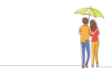 Aralıksız tek sıra halinde, yağmurda aşıklar çiftleşir. Aşık bir çift şemsiyeyle yağmurun altında yürüyor. Mutlu adam ve kadın şehir caddesinde yürüyorlar. Tek çizgi çizimi tasarım vektörü grafiği