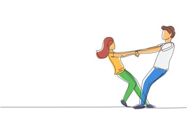 Tek sıra halinde parkın zemininde dans eden mutlu bir adam ve kadın çiziyor. Romantik genç evlilik çifti el ele tutuşup etrafta dönüyorlar. Aralıksız çizgi çizimi tasarım grafik vektör çizimi