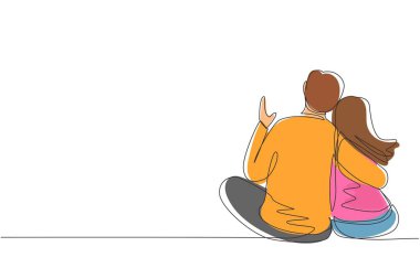 Birbirini seven insanları çizen, sürekli bir çizgi. Kucaklayan ve Ay 'a ve yıldızlara bakan. Erkek ve kadın birlikte romantik manzaranın tadını çıkarıyorlar. Tek çizgi tasarım vektör grafik çizimi