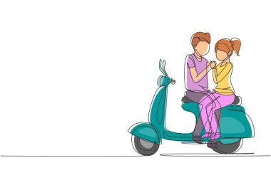 Tek sıra halinde çiftler seyahat ederken rahatlar. Motosiklette oturup romantik balayı anları. Scooter süren kadın ve erkek. Modern sürekli çizgi çizim grafik vektörü