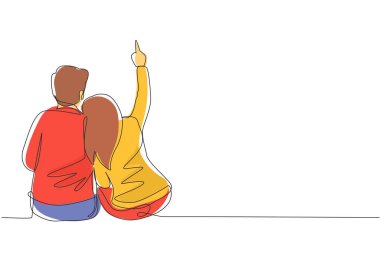 Tek sıra halinde aşık genç bir kız oturuyor omzuna uzanıyor ve aya ve yıldızlara bakıyor. Kadın ve erkek romantik bir gece geçiriyorlar. Bir çizgi çizimi grafik tasarım vektörü