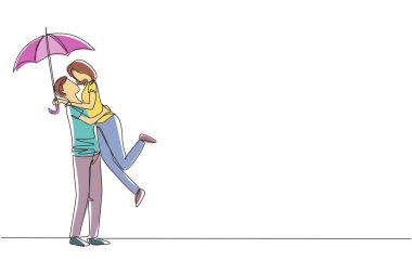 Şemsiyeli yağmurun altında aşık şirin bir çifti çeken tek sıra. Mutlu adam ve kadın parkta yürüyüp zıplıyorlar. Evli çift romantik ilişkisi. Bir çizgi çizimi grafik tasarım vektörü