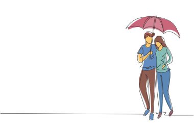 Tek sıra halinde genç bir çift, kadın, kız ve erkek yağmur altında şemsiye tutarak yürüyor, gülümsüyor ve sarılıyorlar. Yağmurlu sonbahar havasında romantik bir çift. Devamlı çizgi çizimi grafik vektörü
