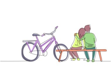 Tek sıra halinde romantik çiftler bankta otururken sohbet ediyorlar. Elektrikli bisiklet süren mutlu bir adam. Akşamları nehir kenarında yürüyüş. Bir çizgi çizimi grafik tasarım vektör çizimi