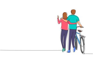 Güneşli bir sonbahar gününde parkta bisikletle yürüyen genç çiftlerin arka plandaki tek sıra. Aşık bir adam ve kadın. Mutlu, romantik, evli çift. Bir çizgi çizimi grafik tasarım vektörü