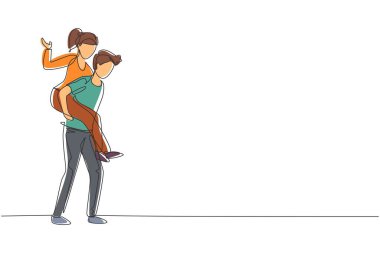 Müzik festivali sırasında sırtında kadın taşıyan bir erkeğin olduğu tek sıra. Aşık genç ve mutlu bir çift. Dinamik bir çizgi çizer grafik tasarım vektörü çizer