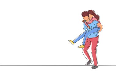 Tek sıra halinde çizen adam kız arkadaşını sırtında taşıyor. Aşık mutlu çift. İlişki kavramı her durumda desteklemek ve yardım etmektir. Bir çizgi çizme grafik vektörü