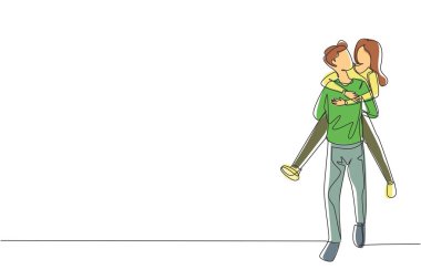 Tek sıra halinde, mutlu bir adamın kadını taşıyıp kucaklaması. Aşık mutlu çift. Genç çift evlilik yıldönümünü kutluyor. Bir çizgi çizimi grafik tasarım vektörü