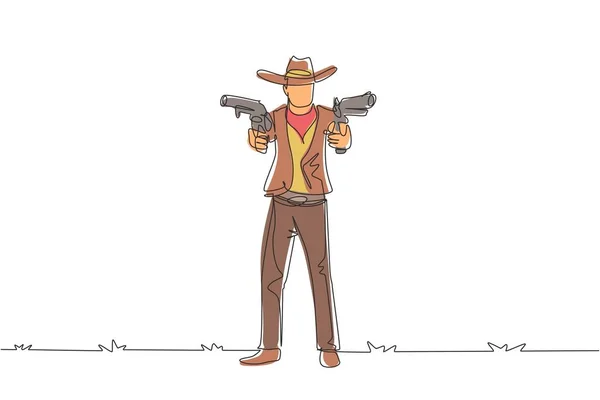 Kontinuierliche Eine Linie Zeichnet Wild West Revolverheld Mit Zwei Gewehren — Stockvektor