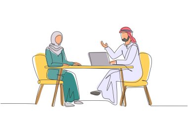 Bir satırda sürekli olarak Arap gazeteci bir kızla röportaj yapıyor. Canlı yayın, TV şovu. Gazeteci misafirle konuşuyor. Stüdyoda haber bülteni. Tek çizgi çizimi tasarım vektör çizimi