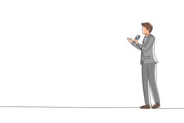 TV haber spikeri sürekli bir satır çiziyor. Haber spikeri canlı yayında bir muhabirle haberleri sunuyor. Gazeteci ya da muhabir mikrofon tutuyor. Tek çizgi çizimi tasarım vektör çizimi