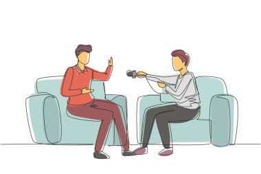 Ünlü biriyle röportaj yapan tek bir satır. Bir gazetecinin bir ünlüyle konuştuğu televizyon ya da internet yayını. Gazeteci, röportajcı. Devamlı çizgi çizimi tasarım vektörü illüstrasyonu