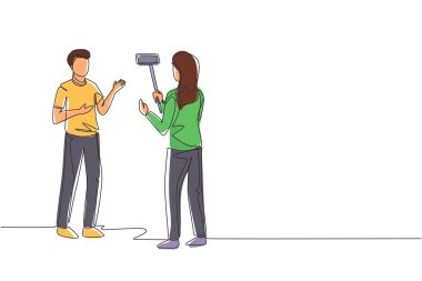 Tek satır çizimi, blog yazma, vloglama, canlı video yayını, etkili görüş konsepti. Blogger, vlogger çekim videosu, bağlayıcı içerik oluşturun. Bir çizgi çizimi tasarım vektörü illüstrasyonu