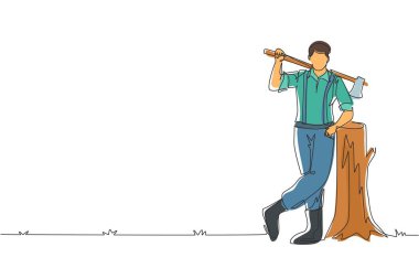 Oduncuları odun kütüğüne yaslayan tek bir çizgi. Gömlek, kot pantolon ve çizme giyiyor. Omzunda bir balta tutuyor. Oduncu ormandaki oduncu pozu. aralıksız çizgi çizimi grafik vektörü