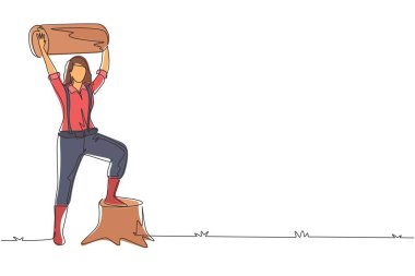 Tek sıra halinde düşen kütükleri tutan güzel bir oduncu çiziyor. Askılı gömlek, kot pantolon ve bot giyiyor, bir ayağı ağaç kütüğünde poz veriyor. Devamlı çizgi çizimi tasarım vektörü illüstrasyonu