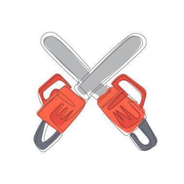 Beyaz arka planda izole edilmiş zincirli testereler çizmeye devam ediyor. Alet oduncusu sembolü. Oduncu ikonu için iki çapraz testere. Tek çizgi çizimi tasarım vektörü grafik çizimi