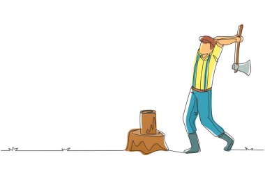 Oduncu ya da oduncu sürekli baltayla odun kesiyor. Gömlek, kot pantolon ve çizme giyiyor. Elinde balta olan bir adam ağacı keser. Tek çizgi çizimi tasarım vektörü grafik çizimi