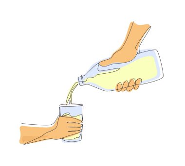 Kadının elini çizen bir çizgi, cam şişeden bardağa taze süt döküyor. Kalsiyumlu sağlıklı süt ürünleri kavramı. Sabah rutini. Tek çizgi çizimi tasarım vektör çizimi