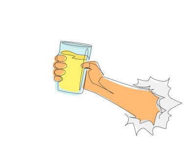 Devamlı bir çizgi, yırtık beyaz kağıdın içinden limonata meyve suyu ile el ele tutuşarak geçiyor. Taze limon suyundan yapılmış içecek. Sulu portakal suyu. Dinlenme zamanı. Tek çizgi çizme tasarım vektörü