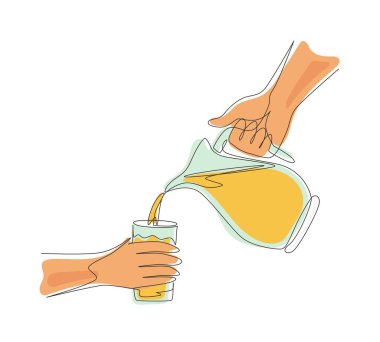 Sürekli bir çizgi çizerek portakal suyunu sürahide buzla bardağa dolduruyor. Sürahiden taze portakal suyu sıçratmak ve dökmek. Tek çizgi çizimi tasarım vektörü grafik çizimi