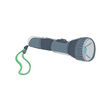 Tek sıra halinde cep feneri çiziyor. Bireysel kullanım için ışık kaynağı. Parlak akış, odaklanan ışın. Karanlıkta ışık veren nesne. Elektrikli lamba pili. Devamlı çizgi çizim tasarım vektörü