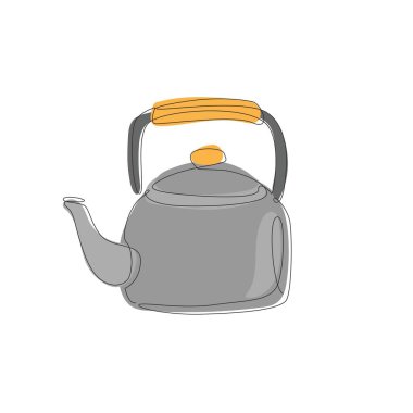 Tek sıra halinde açık hava çaydanlığını çekiyorlar. Kamp malzemeleri. Gaz sobası ısıtıcısı. Çaydanlık. Çay için metal mutfak malzemesi. bir çizgi çizimi tasarım vektör çizimi