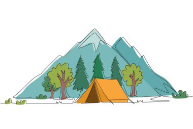 Tek sıra halinde yaz kampı günü ve günbatımı posterleri çiziyor. Dağlı, ağaçlı, çadırlı ve kamp ateşli pankartlar. Tırmanma, yürüyüş, yürüyüş sporları. Devamlı çizgi çizimi tasarım vektörü illüstrasyonu